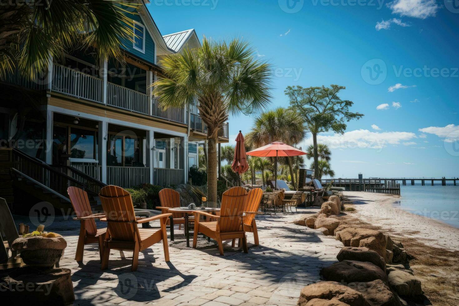 magnifique plage auberge ensoleillé journée vue ai généré photo