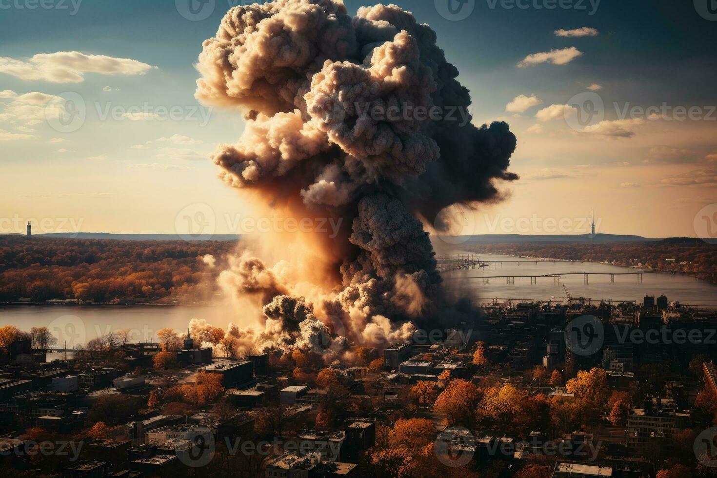 gros explosion dans le ville ai généré photo