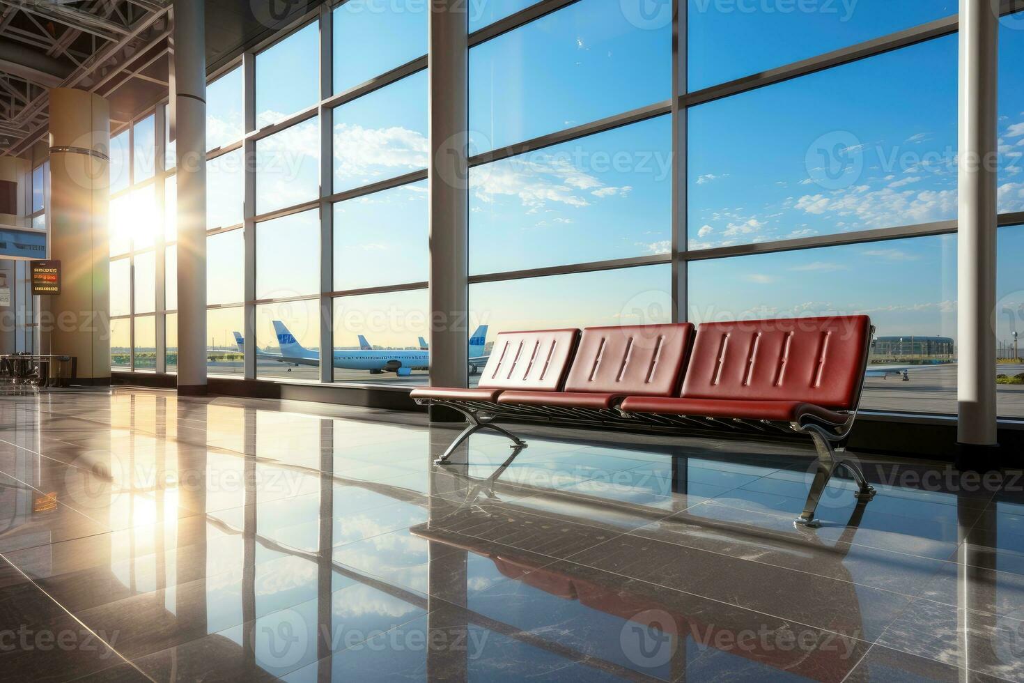 attendre pièce à le aéroport avec le grand fenêtre ai généré photo