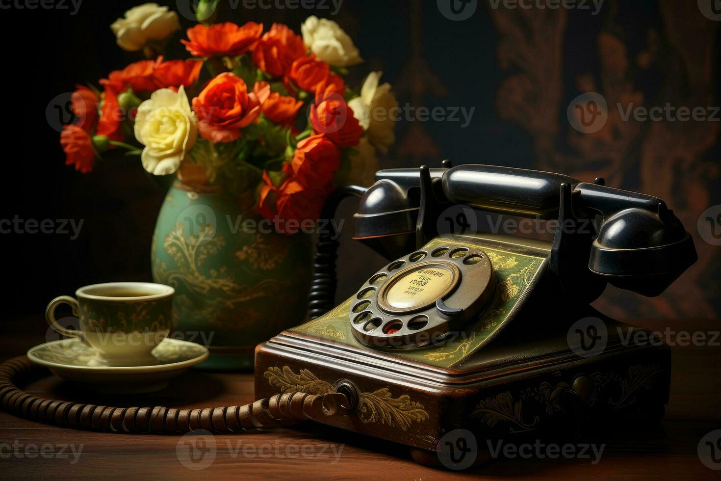 vieux téléphone sur table ancien style ai généré photo