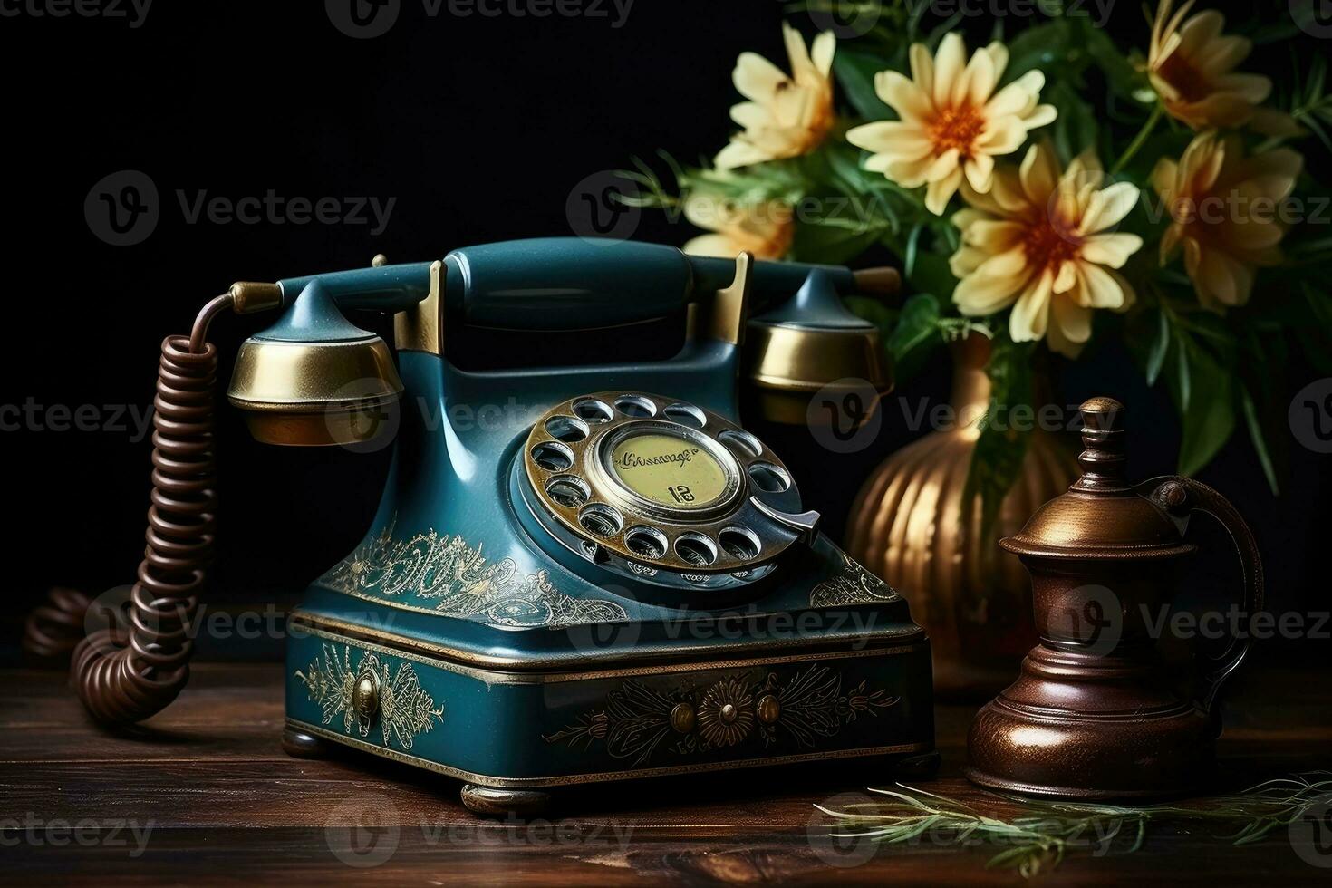 vieux téléphone sur table ancien style ai généré photo