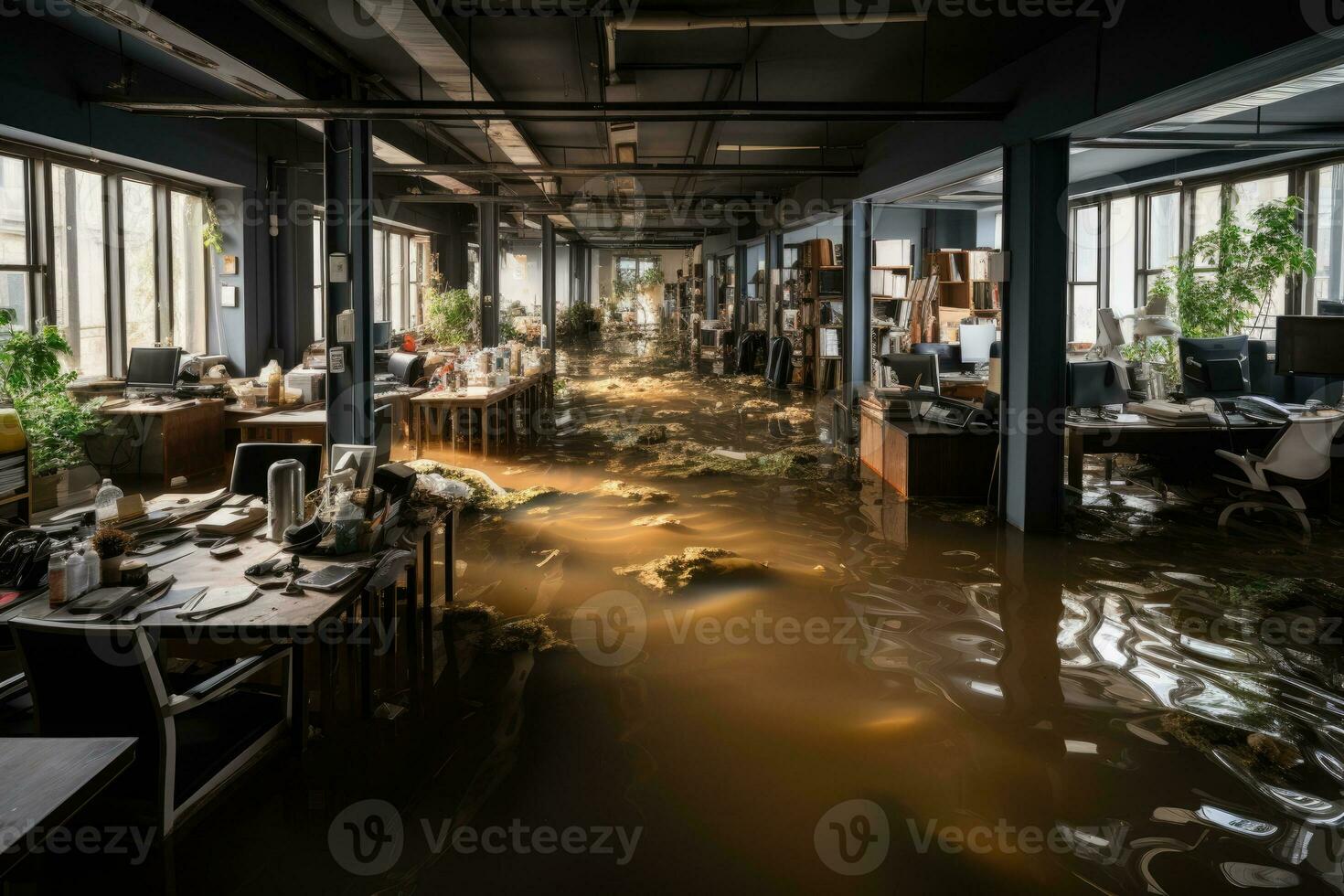 situation inondation dans Bureau départ scénarios professionnel La publicité la photographie ai généré photo