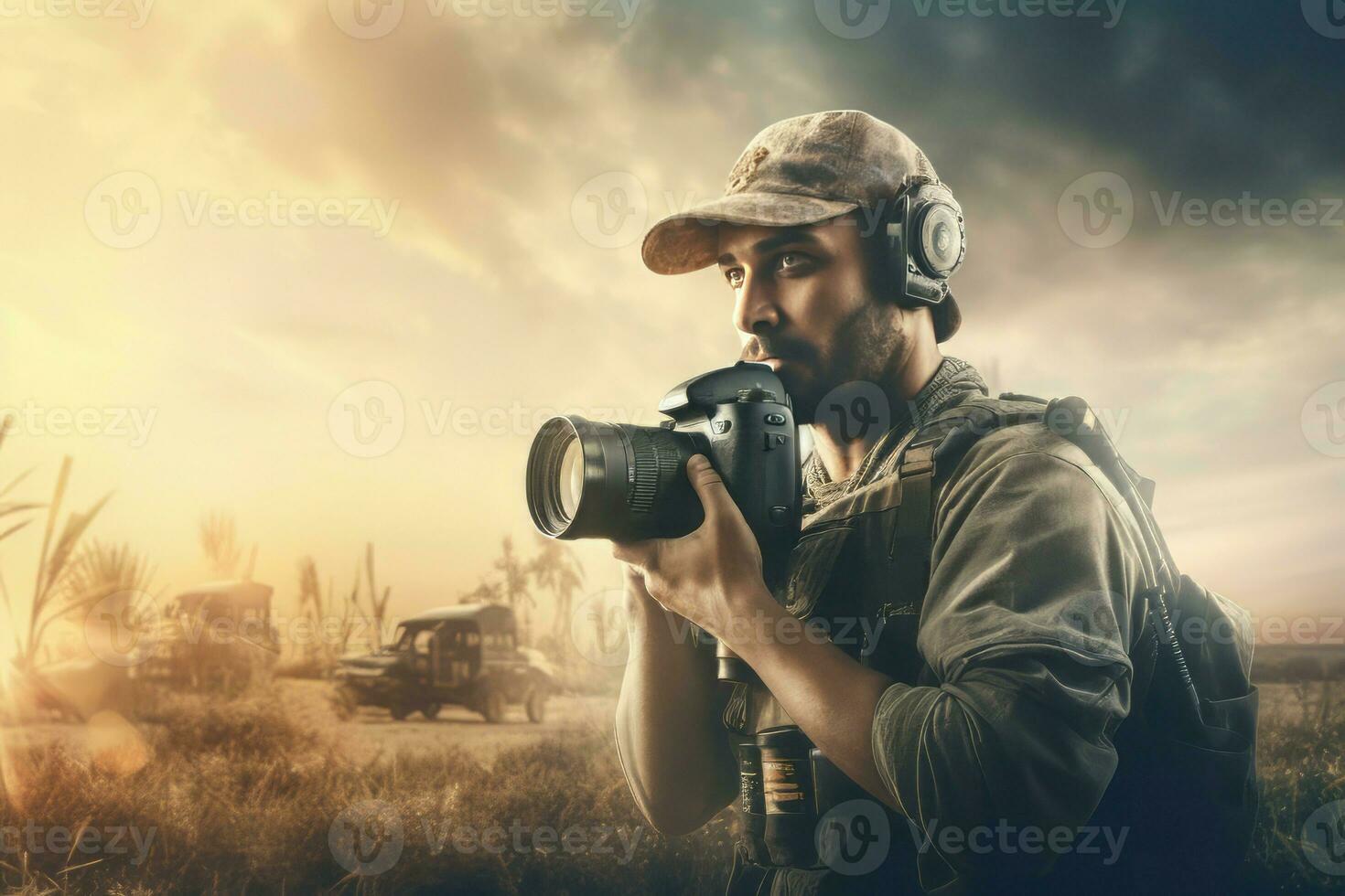 homme en portant caméra ensoleillé journée. produire ai photo