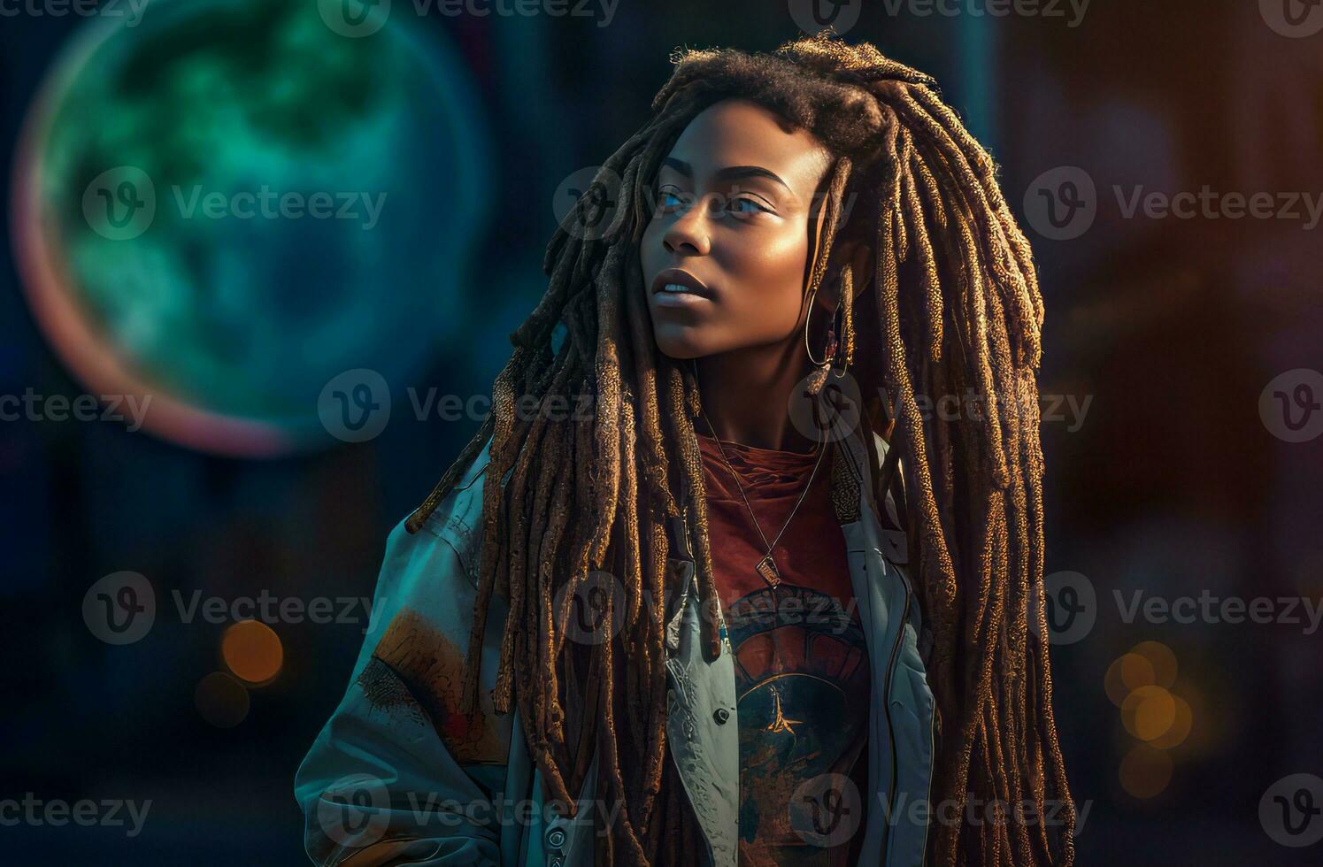 noir femme dreadlocks à lune. produire ai photo