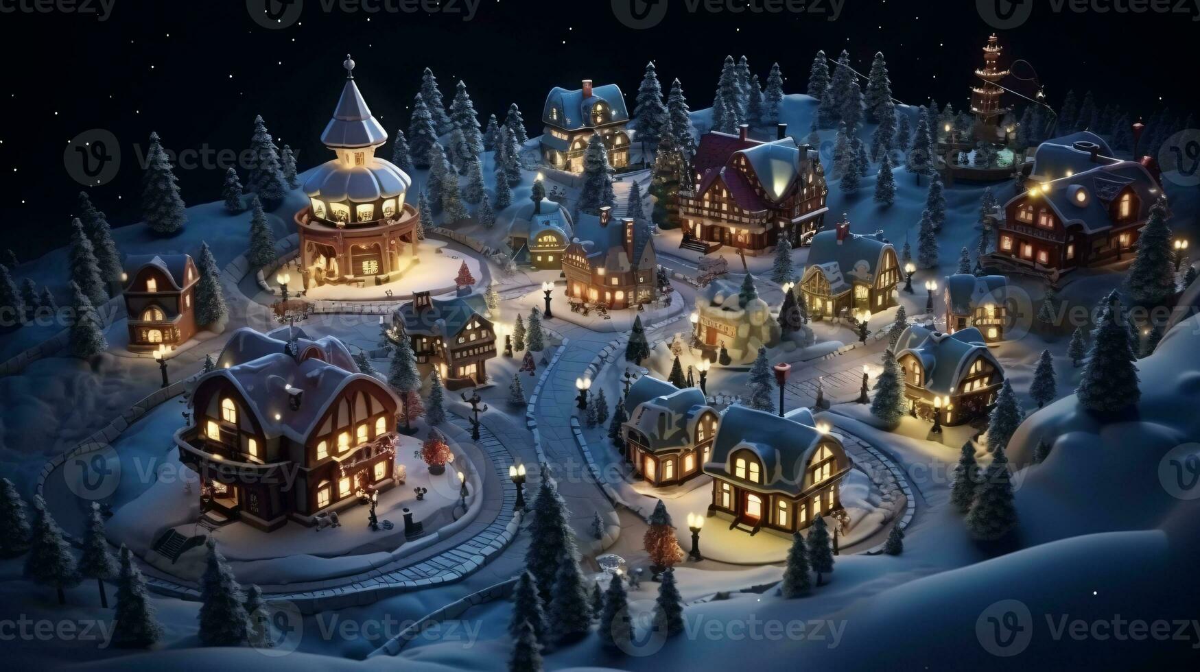 ai génératif réaliste confortable petit Noël ville par nuit isométrique ou des oiseaux œil vue photo