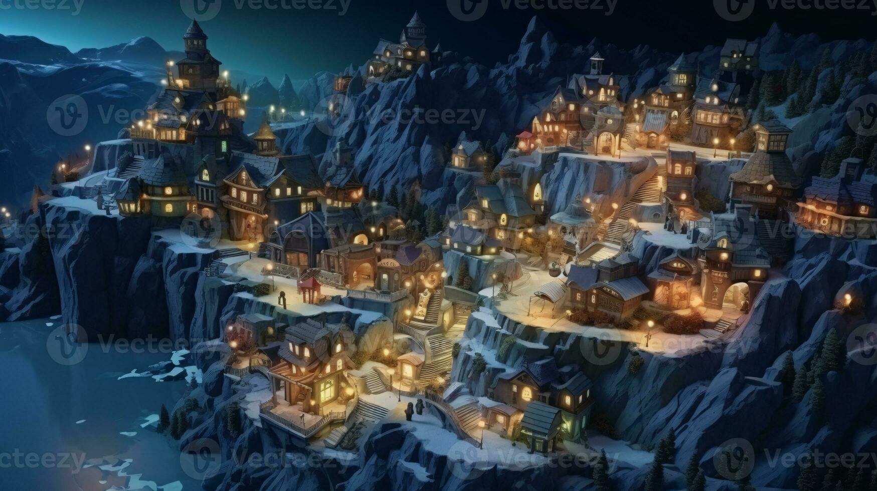 ai génératif réaliste confortable petit Noël ville par nuit isométrique ou des oiseaux œil vue photo