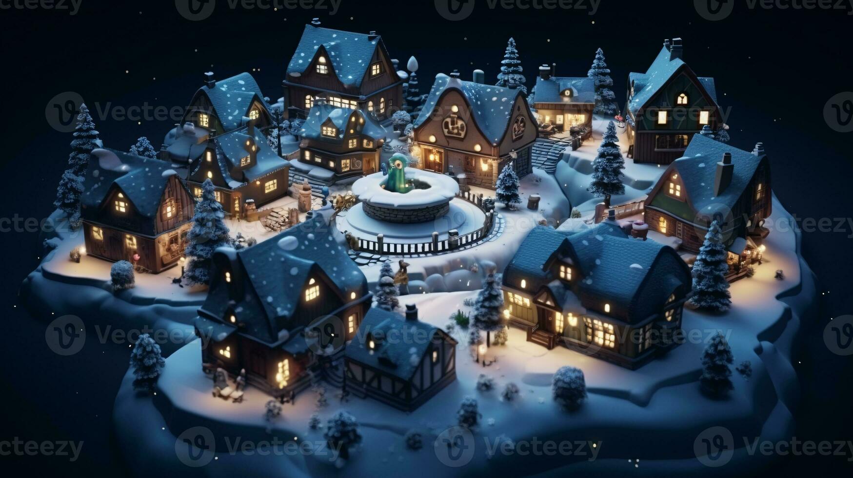 ai génératif réaliste confortable petit Noël ville par nuit isométrique ou des oiseaux œil vue photo