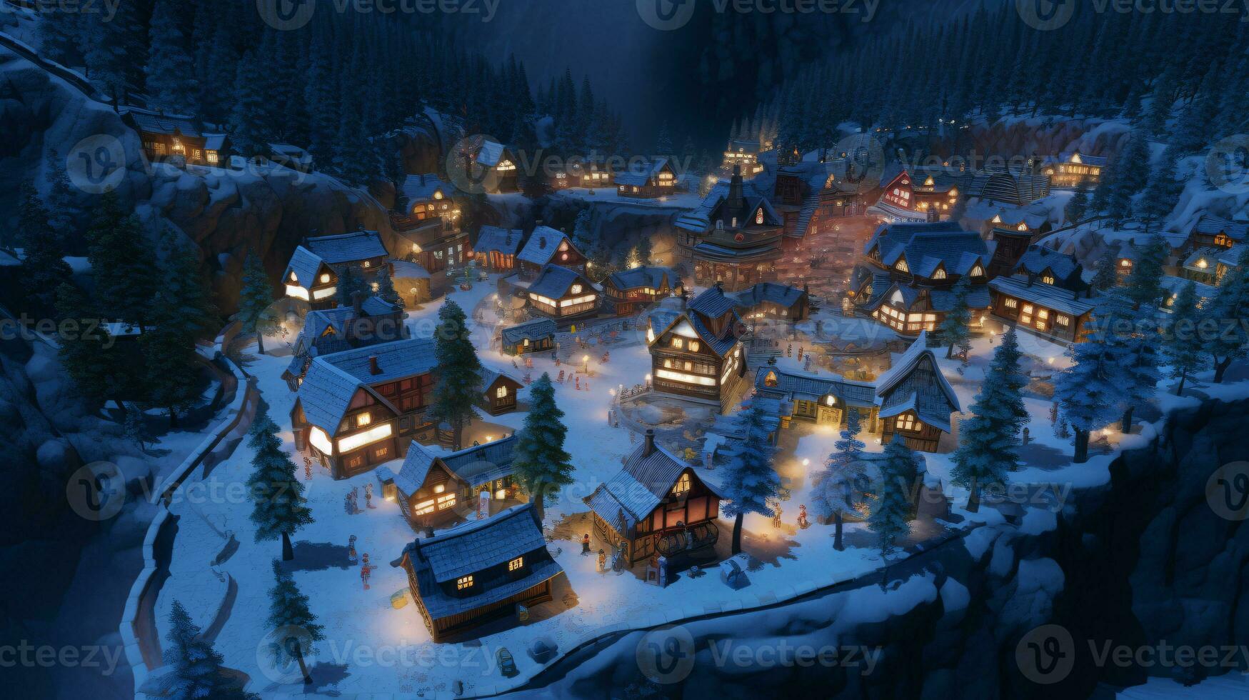 ai génératif réaliste confortable petit Noël ville par nuit isométrique ou des oiseaux œil vue photo