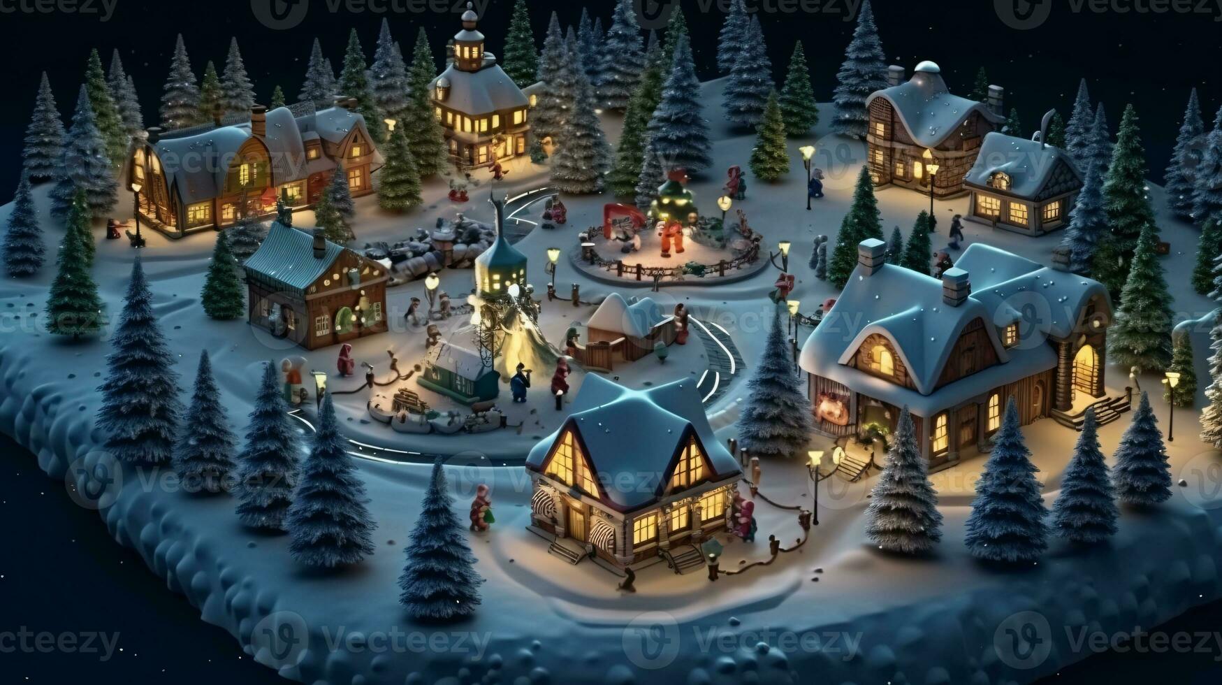 ai génératif réaliste confortable petit Noël ville par nuit isométrique ou des oiseaux œil vue photo