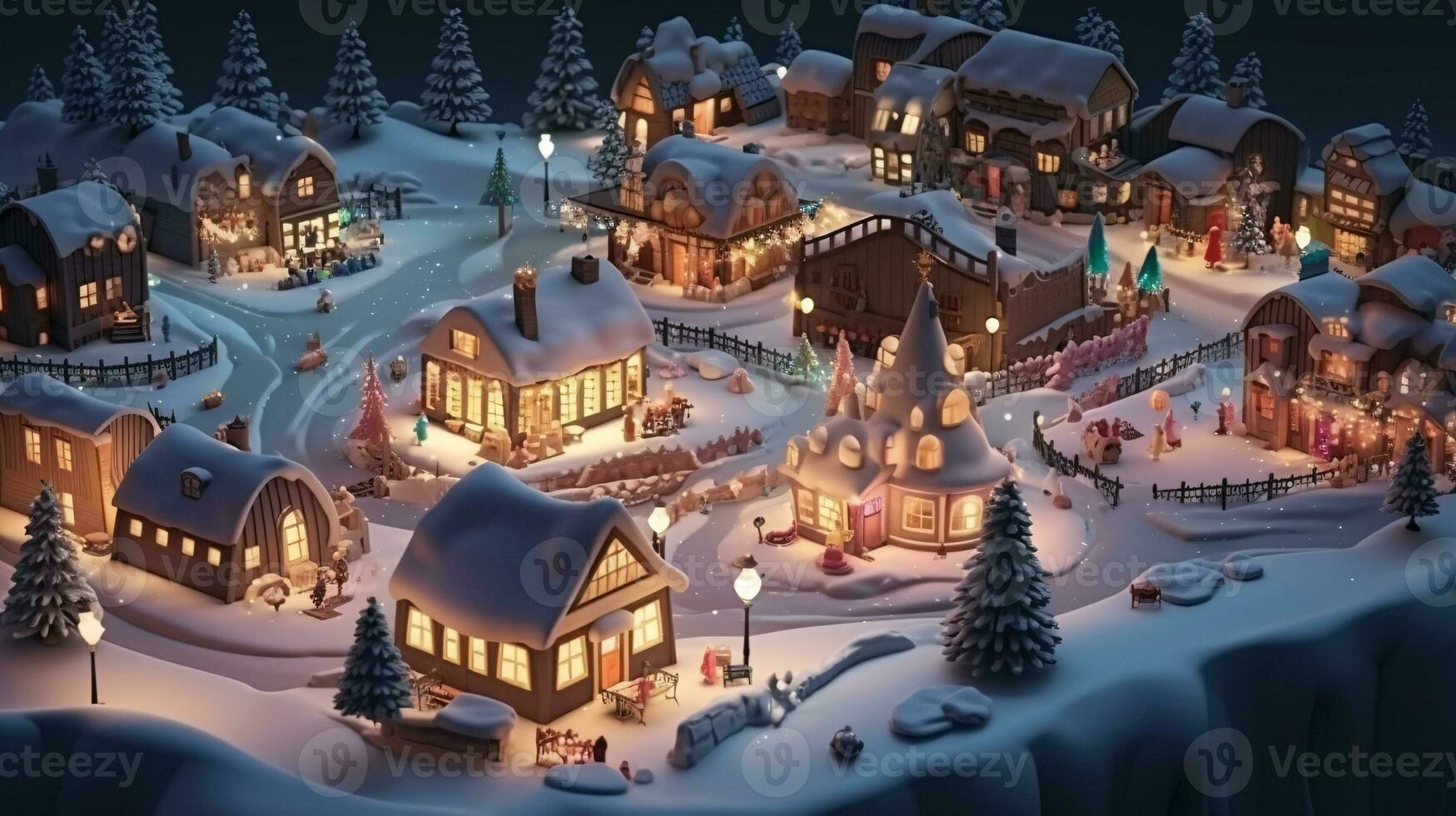 ai génératif réaliste confortable petit Noël ville par nuit isométrique ou des oiseaux œil vue photo