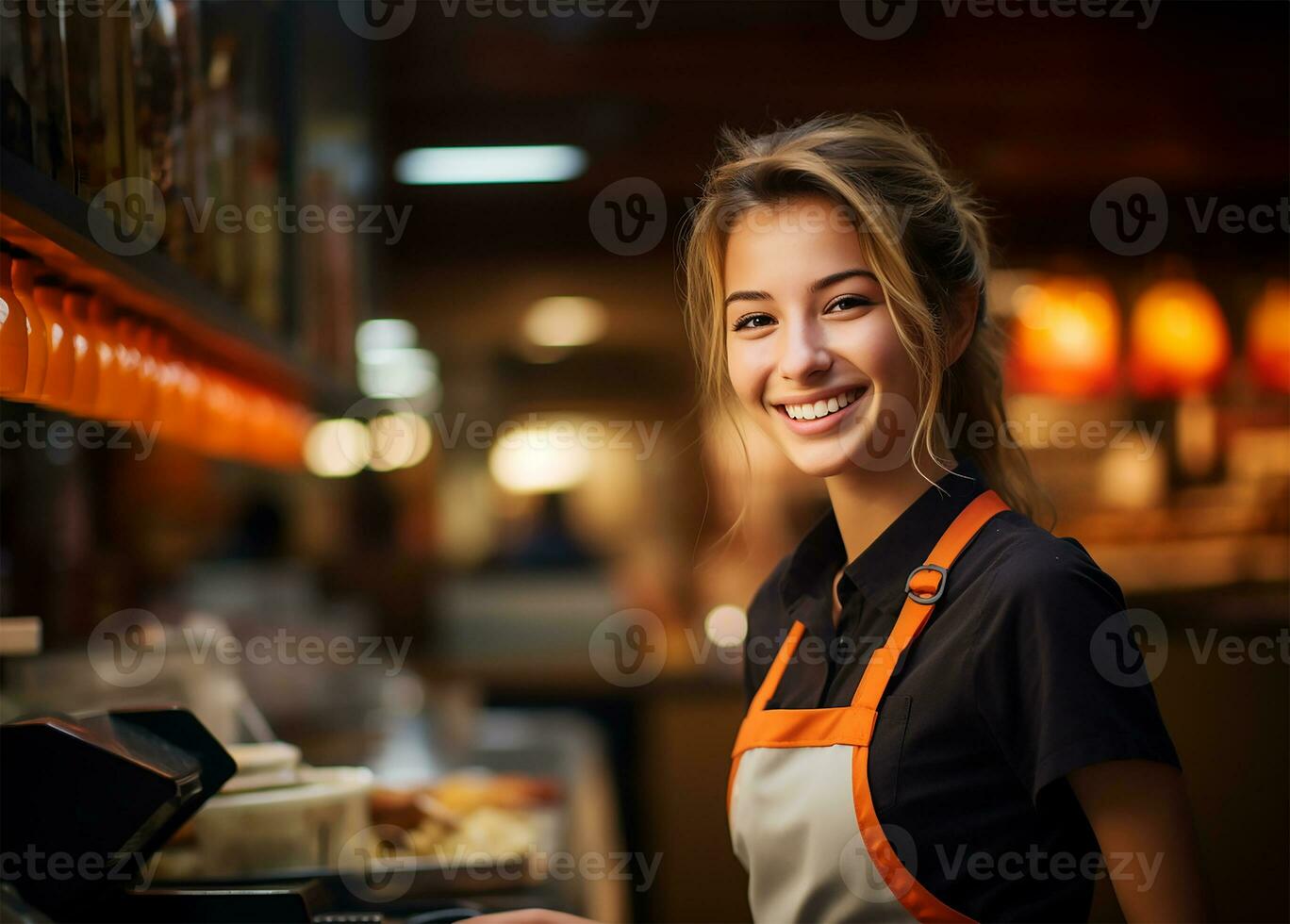 une jeune et radiant vendeuse des stands en évidence, sa chaud sourire accueillant clients. ai généré photo