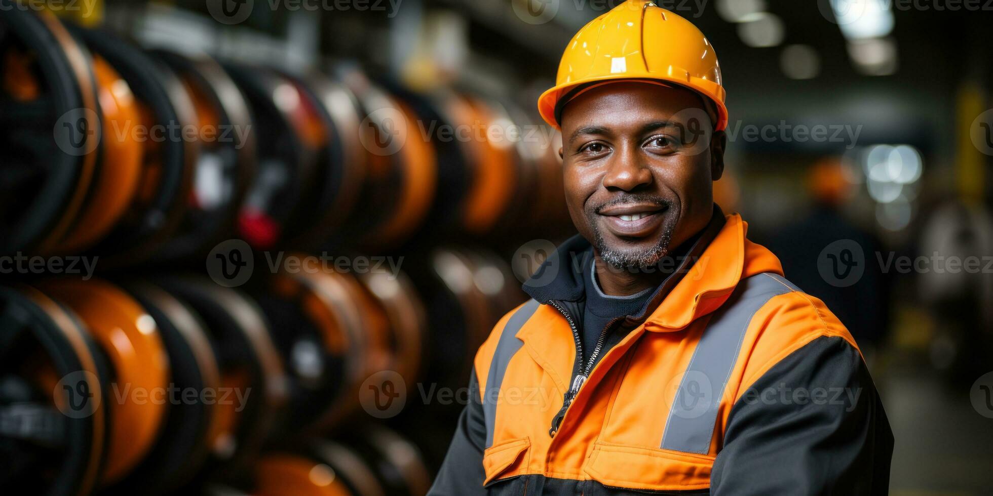 africain américain usine ouvrier portant difficile chapeau et travail vêtements debout, génératif ai photo