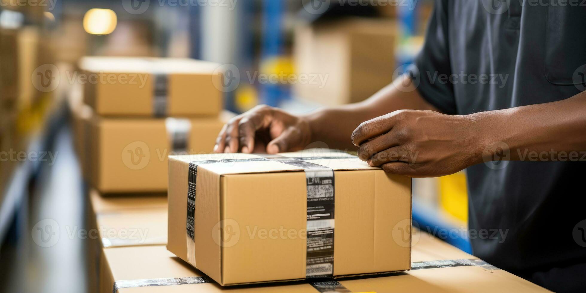 proche en haut de une homme mains enregistrement une papier carton boîte, génératif ai photo