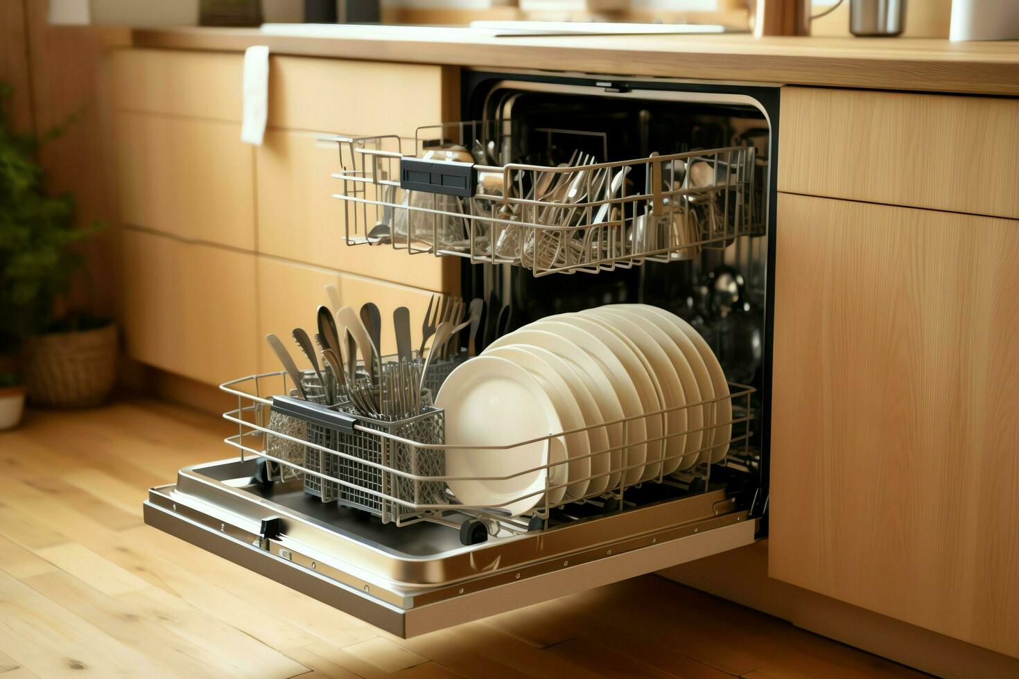 ouvert Lave-vaisselle machine dans cuisine pièce avec sale assiettes ou nettoyer vaisselle après la lessive à l'intérieur concept par ai généré photo