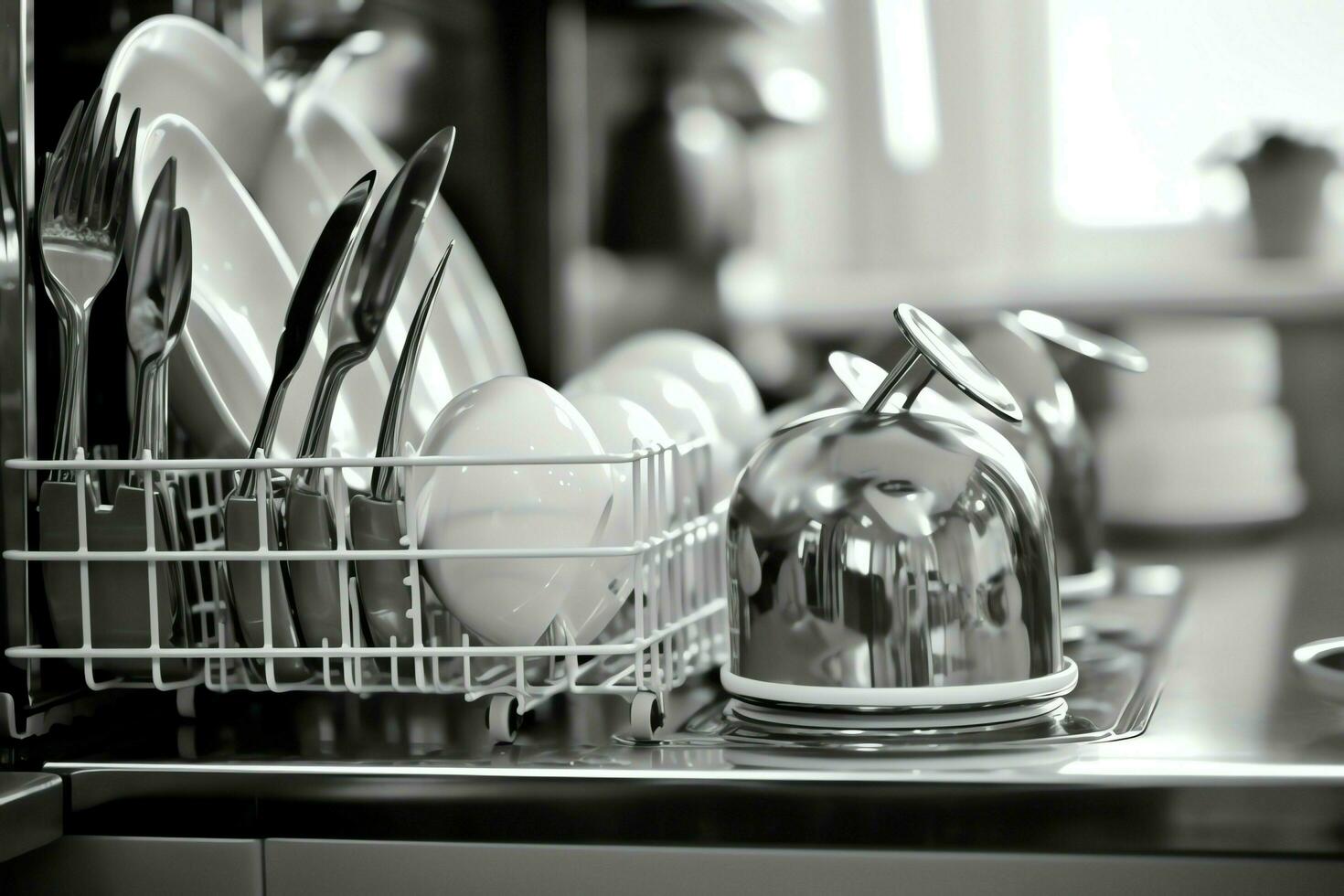 ouvert Lave-vaisselle machine dans cuisine pièce avec sale assiettes ou nettoyer vaisselle après la lessive à l'intérieur concept par ai généré photo