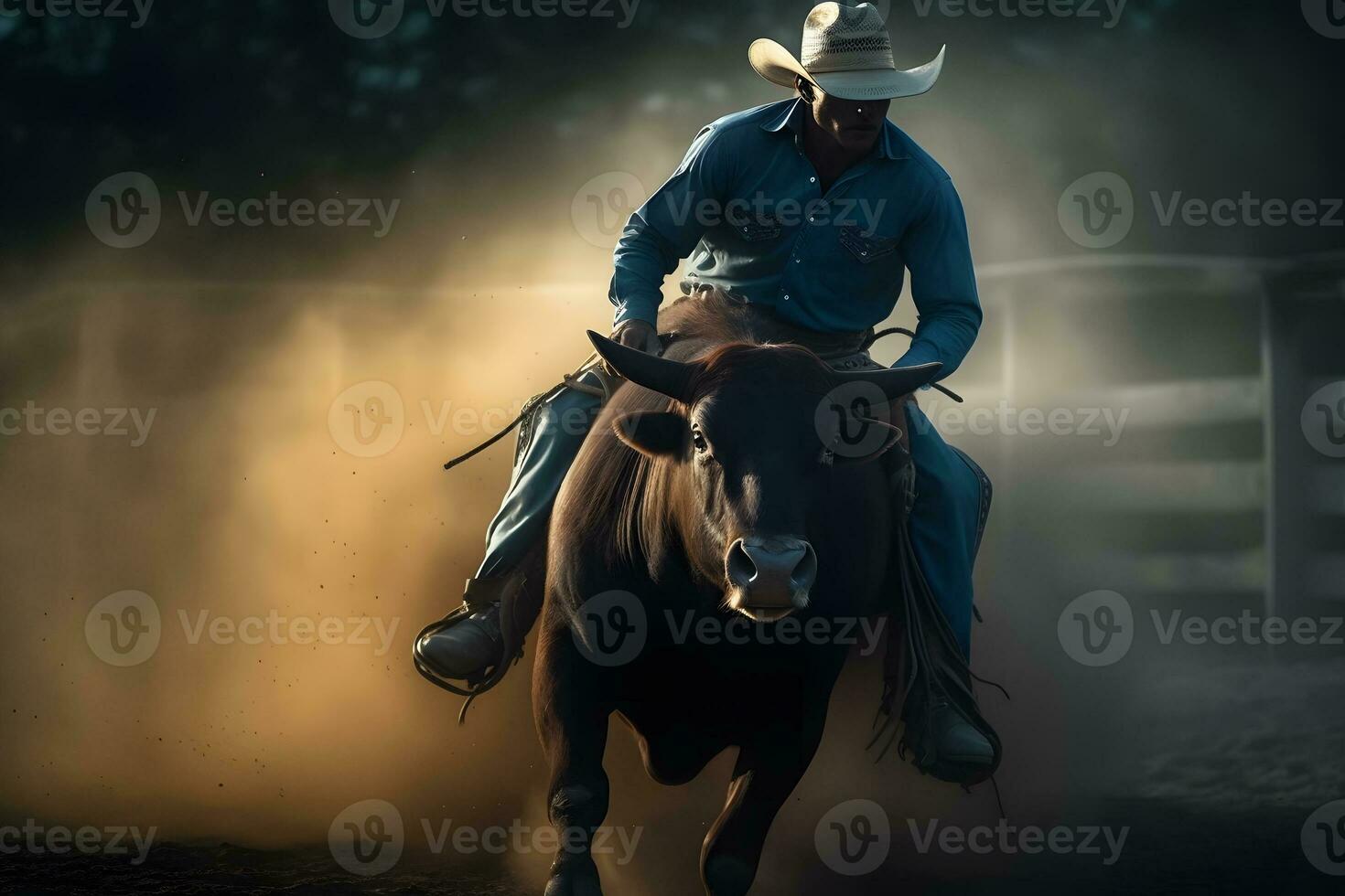 cow-boy sur cheval lasso taureau, neural réseau ai généré photo