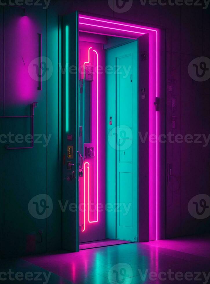 3d le rendu de une fermé porte dans une brillant pièce avec néon lumières photo
