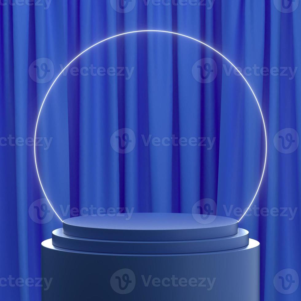 Illustration 3d du podium de produit bleu avec fond de rideau photo