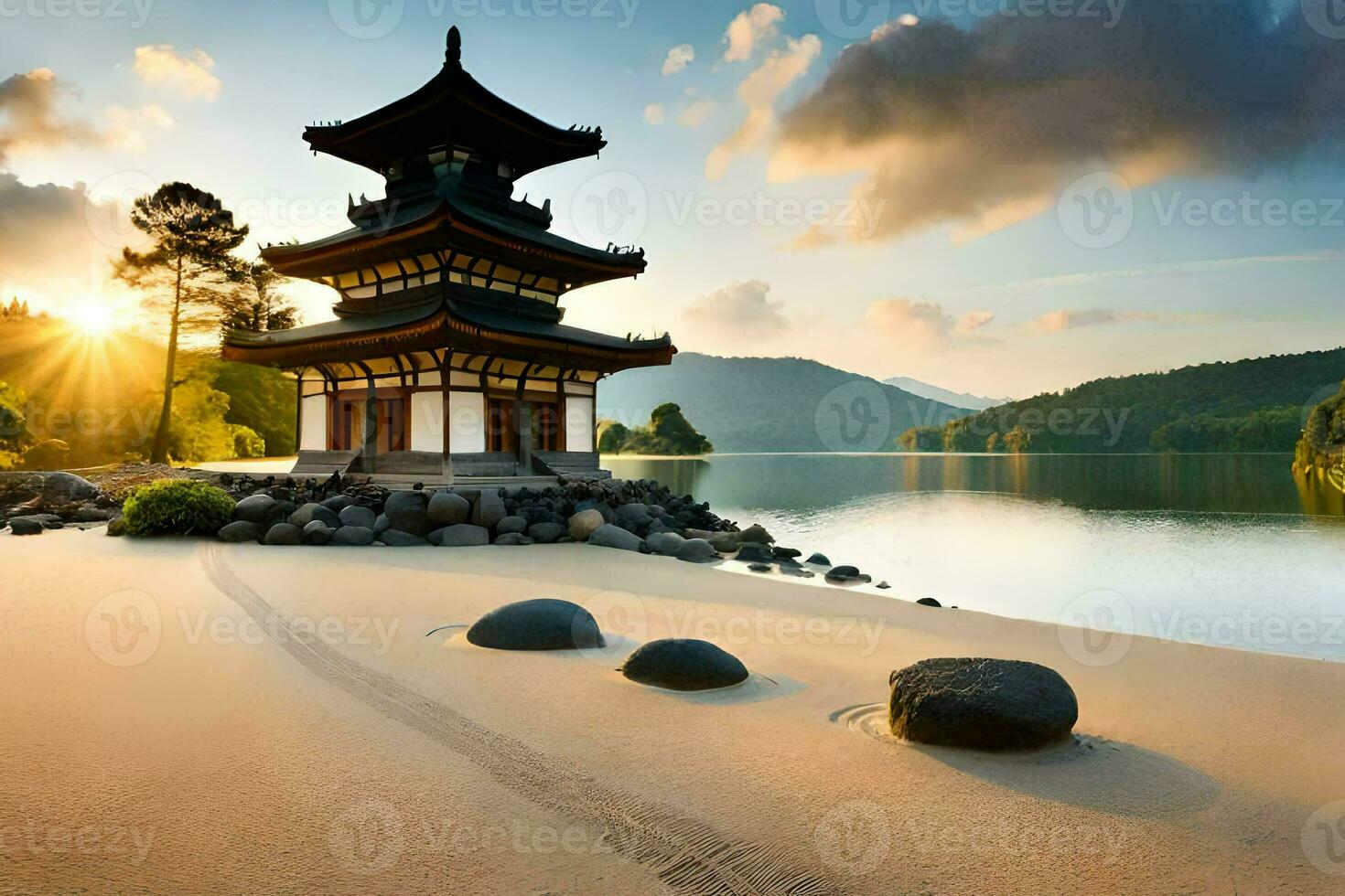 une pagode est assis sur le rive de une Lac à le coucher du soleil. généré par ai photo