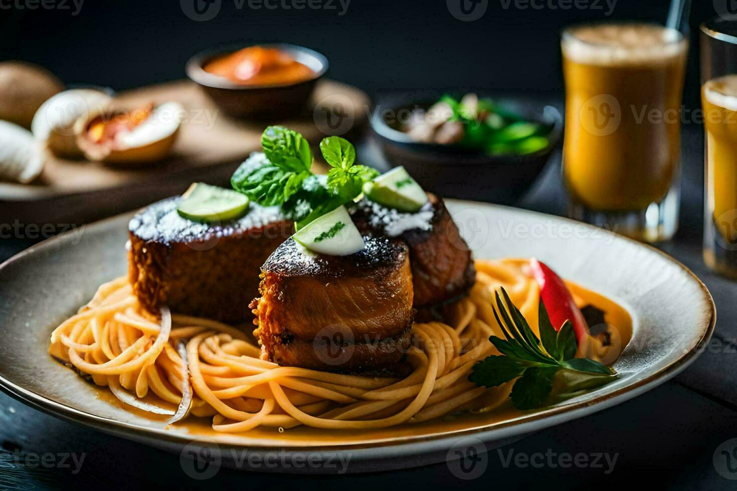 une assiette de spaghetti avec Viande et des légumes. généré par ai photo