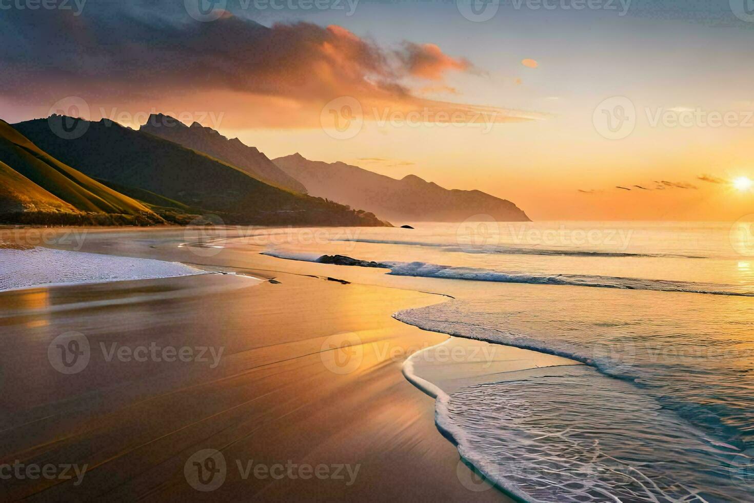 le Soleil ensembles plus de une plage et montagnes. généré par ai photo