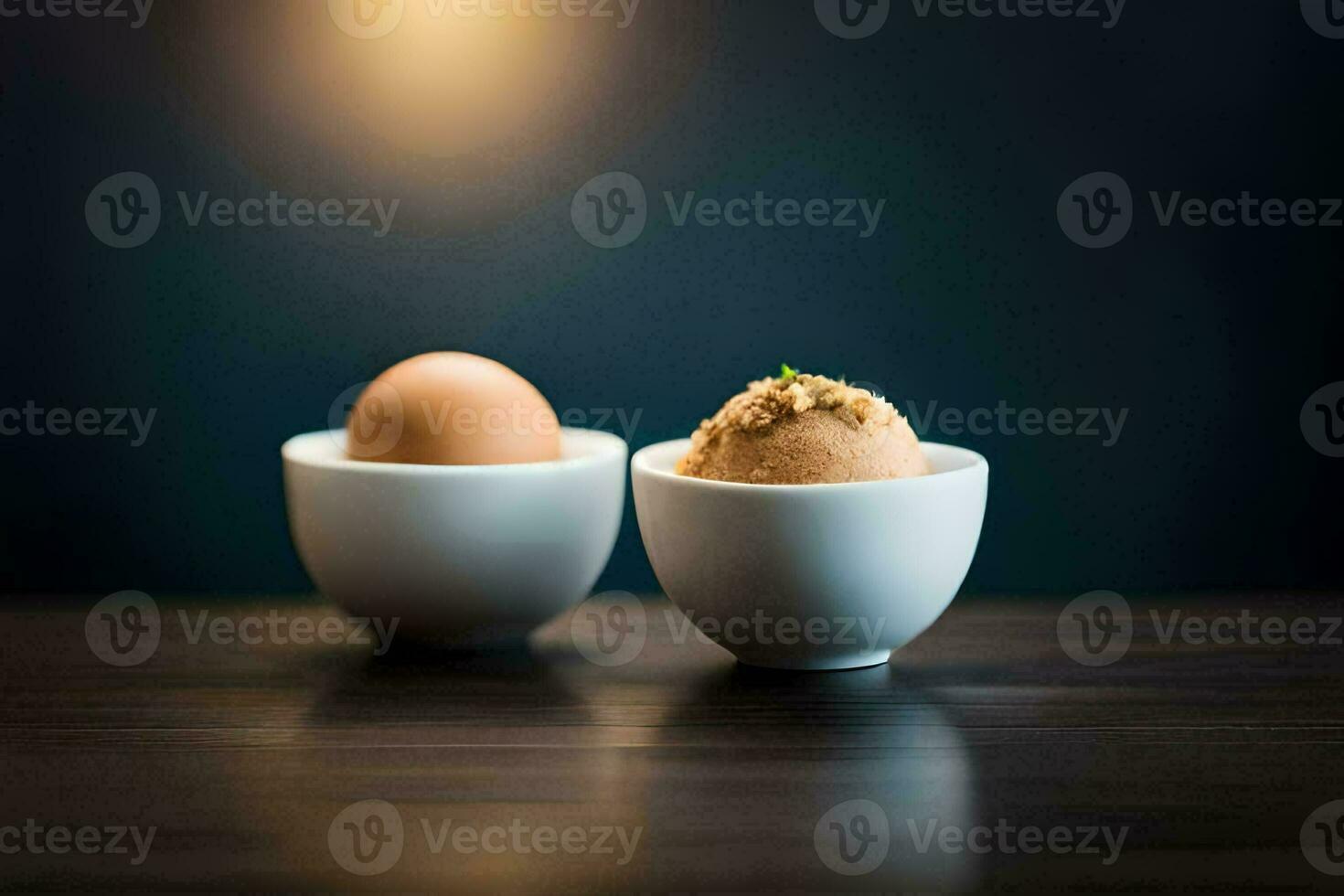 deux des œufs dans blanc boules avec une cuillère de cacahuète beurre. généré par ai photo