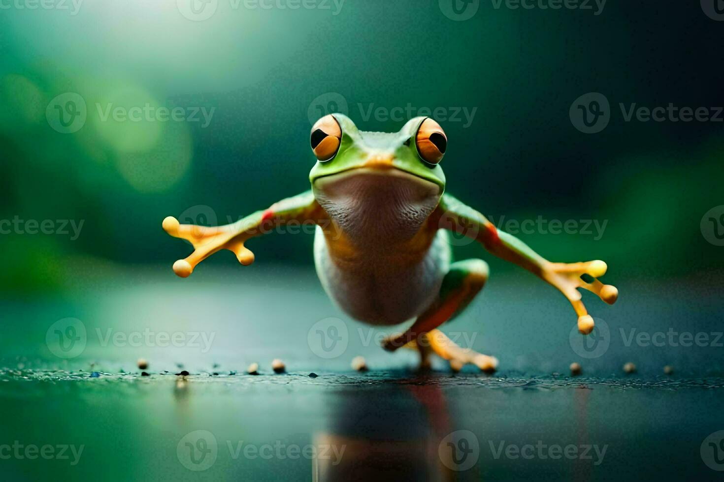 une grenouille sauter sur le sol. généré par ai photo