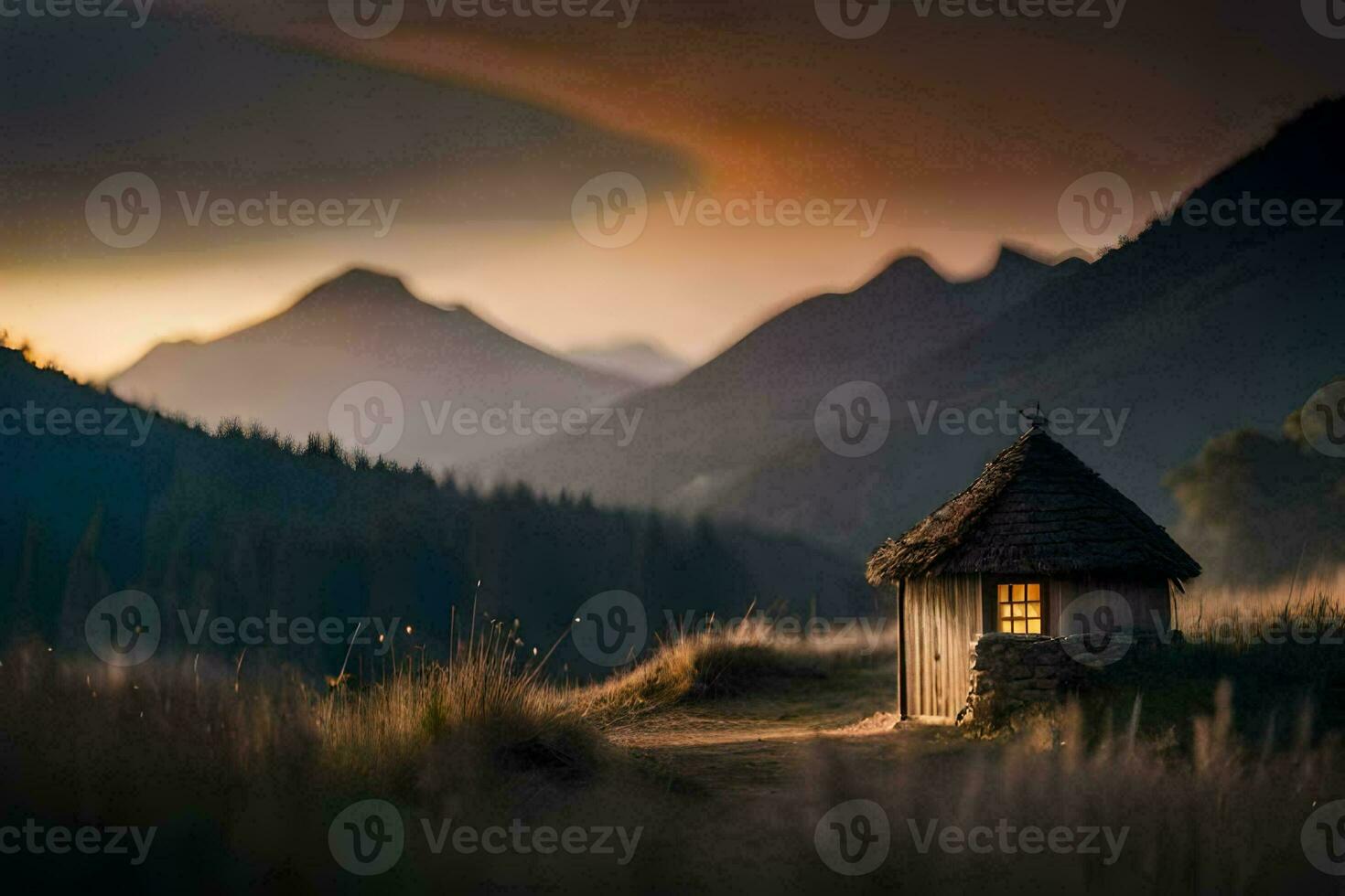 une petit cabane dans le milieu de une Montagne. généré par ai photo