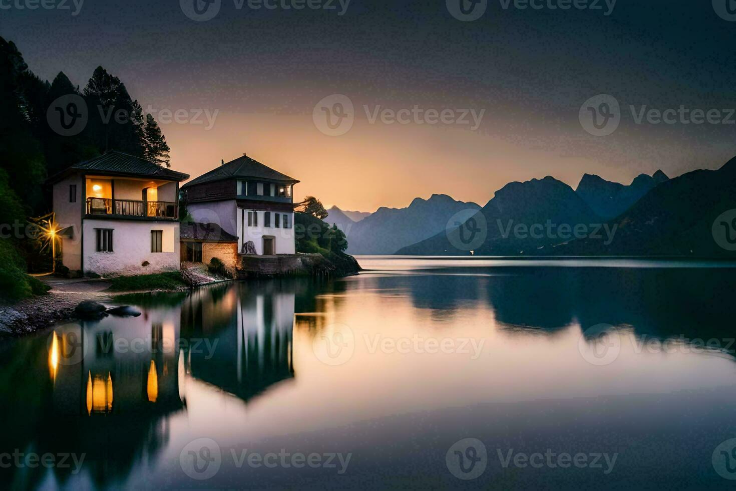 une maison est assis sur le rive de une Lac à le coucher du soleil. généré par ai photo