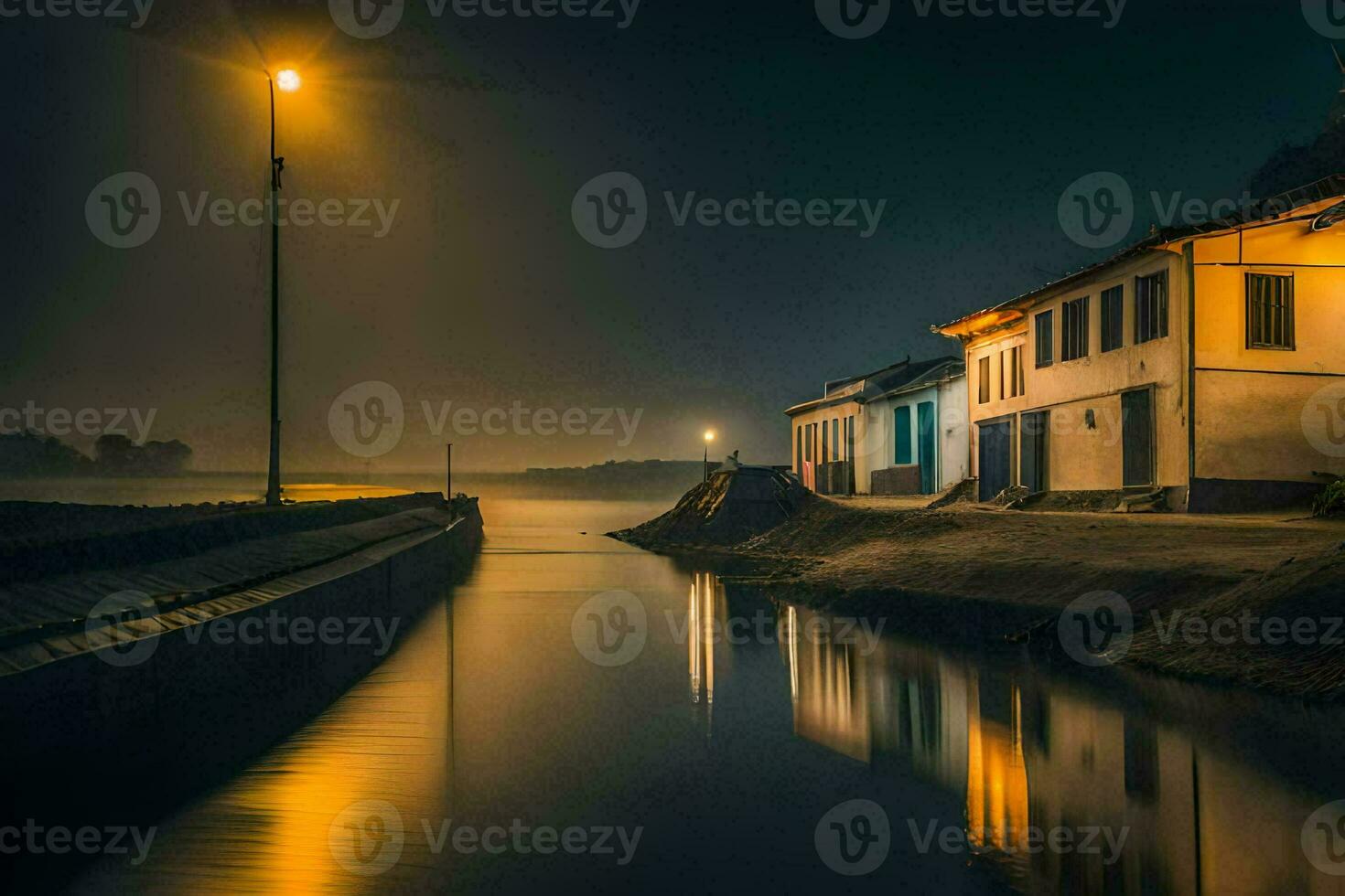 une maison sur le rivière à nuit avec une rue lumière. généré par ai photo