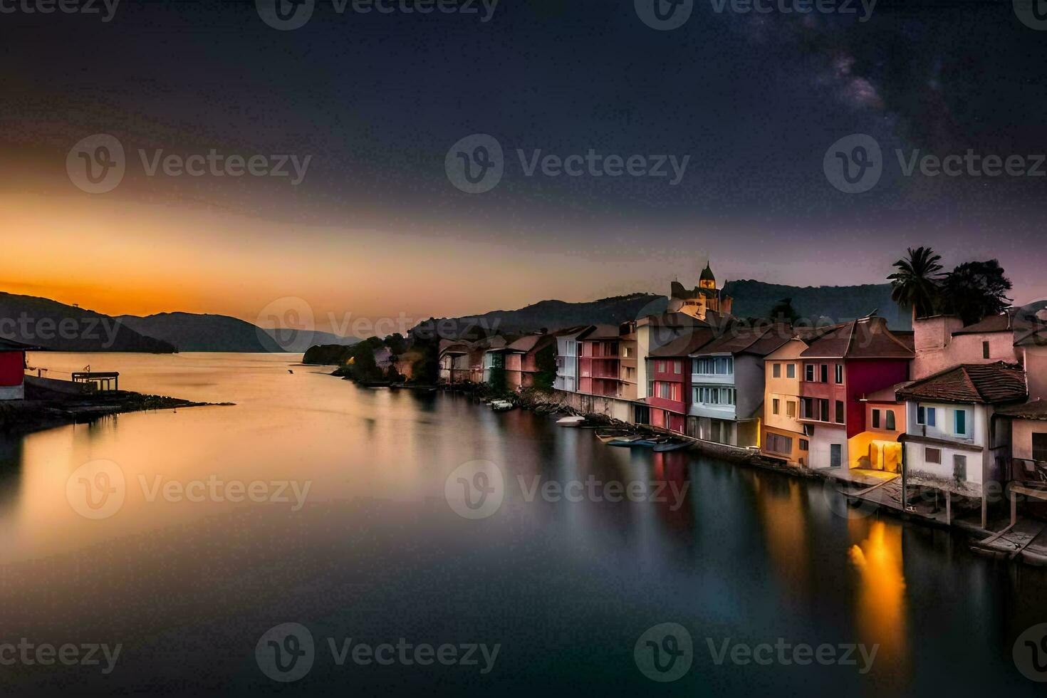 une magnifique le coucher du soleil plus de une rivière avec coloré Maisons. généré par ai photo