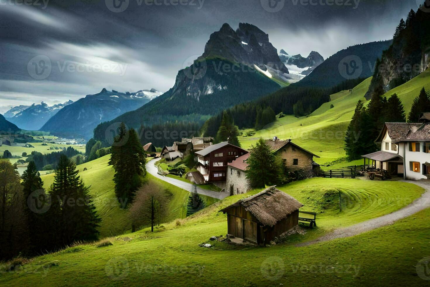 une petit village dans le montagnes avec vert herbe et montagnes. généré par ai photo