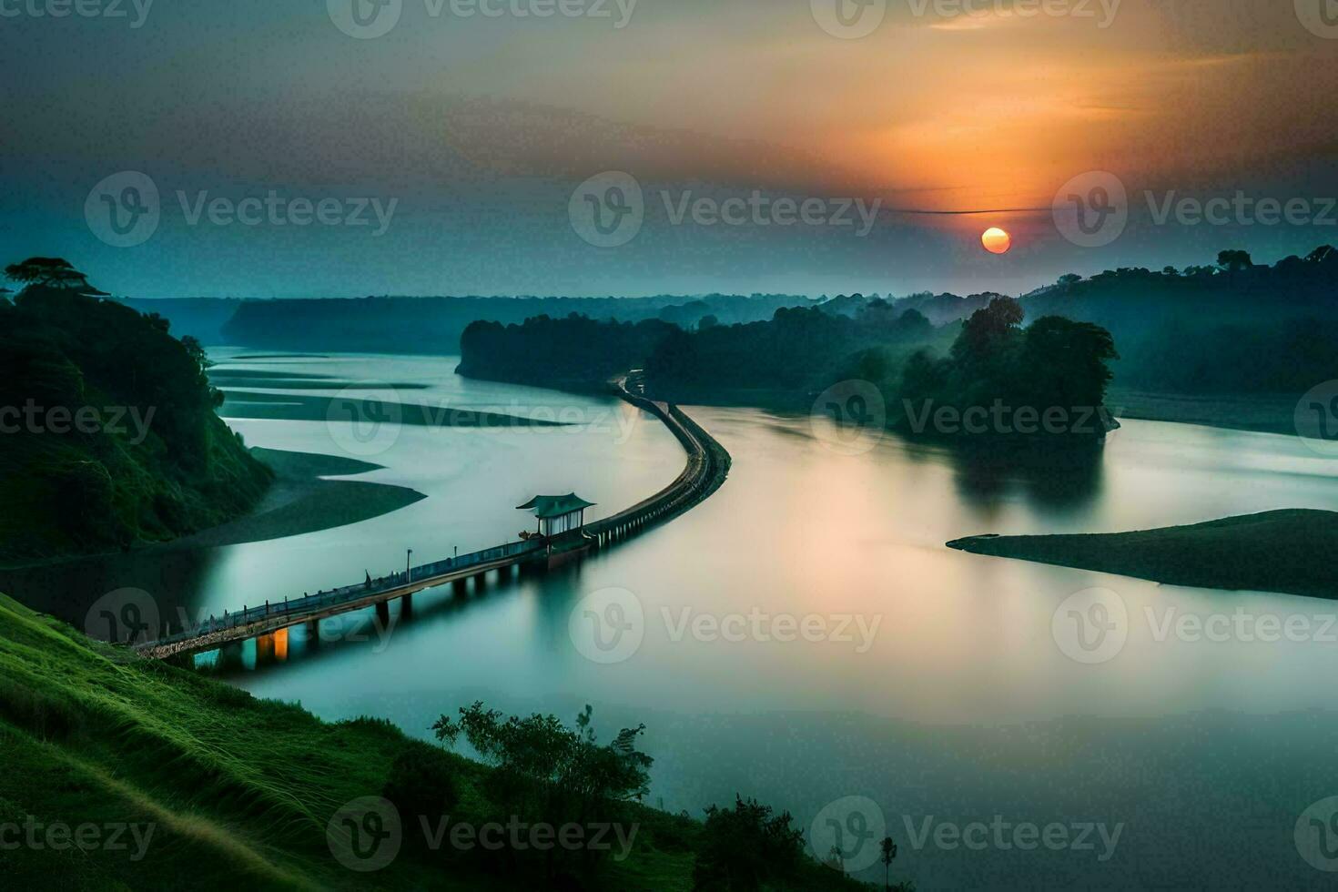 le Soleil ensembles plus de une pont plus de une rivière. généré par ai photo