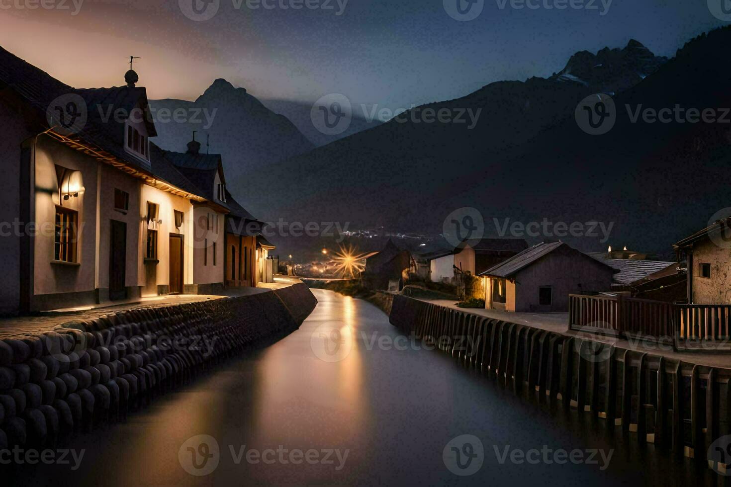 une rivière court par une ville à nuit. généré par ai photo