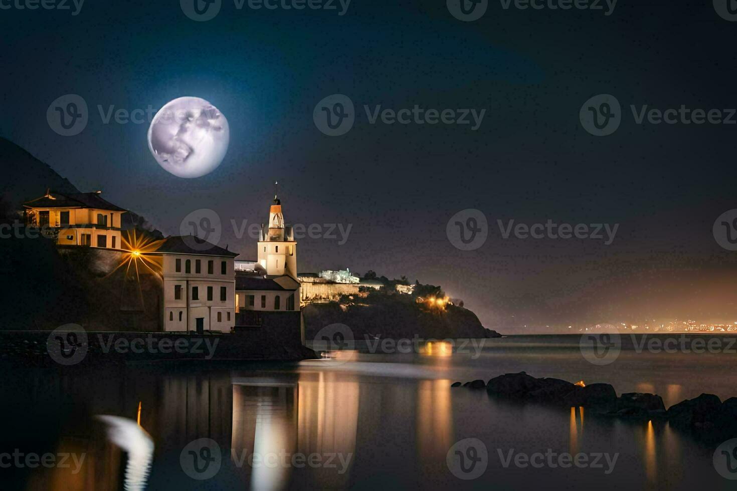 une plein lune plus de une ville à nuit. généré par ai photo