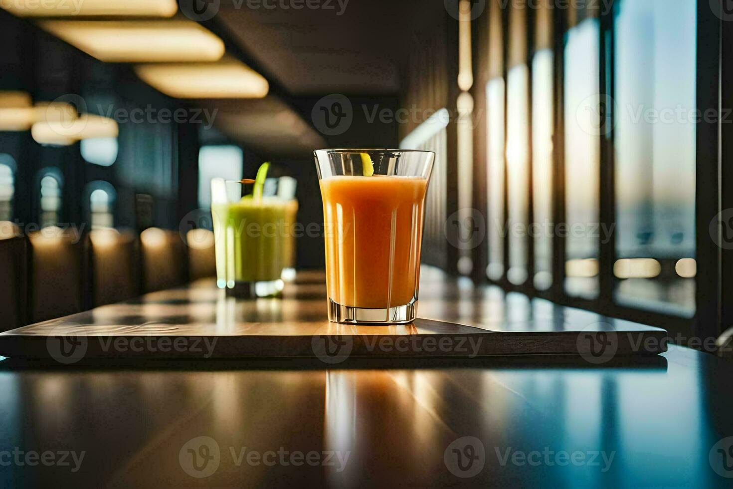 deux des lunettes de jus sur une table dans de face de une la fenêtre. généré par ai photo