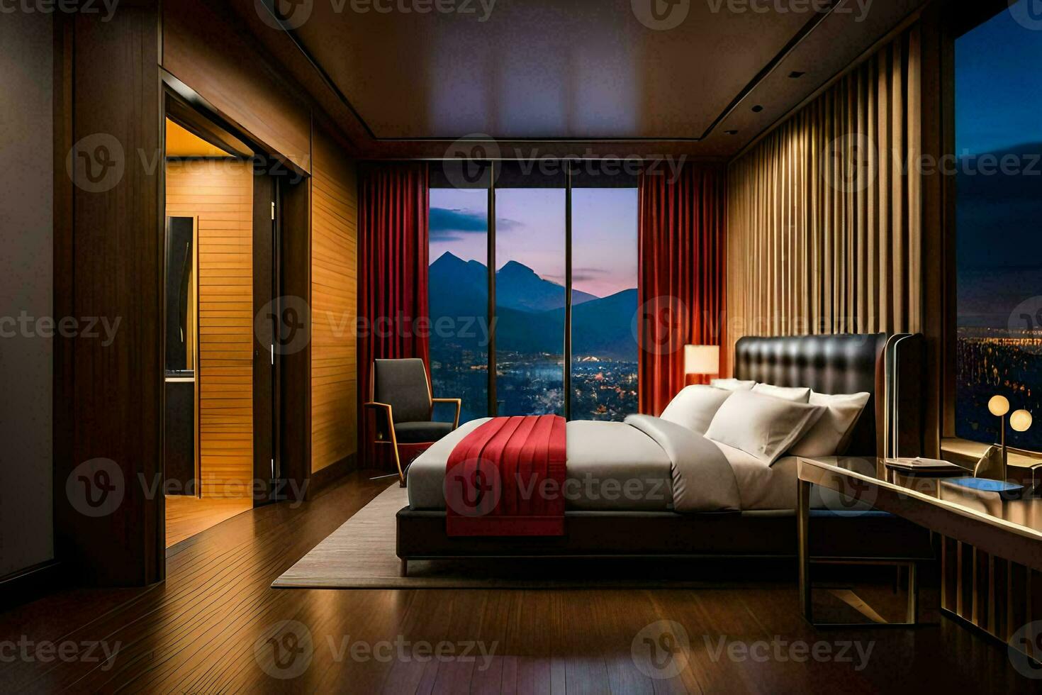 une chambre avec une vue de le montagnes et ville. généré par ai photo