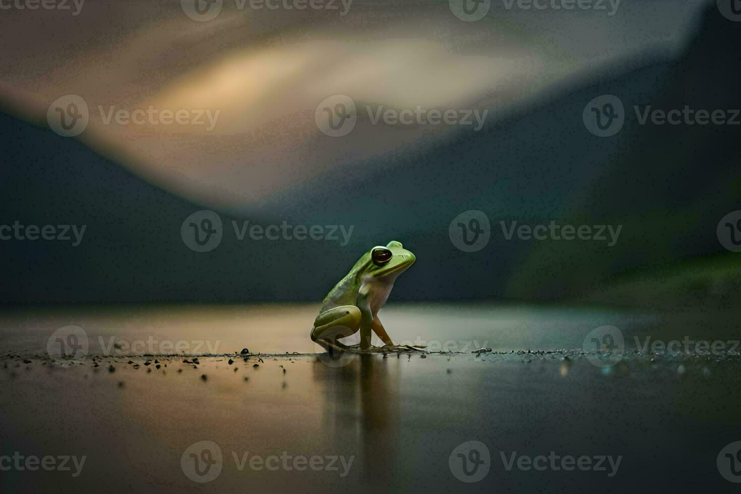 une grenouille séance sur le bord de une Lac à crépuscule. généré par ai photo