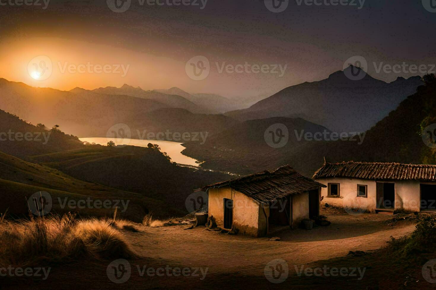 le Soleil ensembles plus de le montagnes dans le Contexte. généré par ai photo