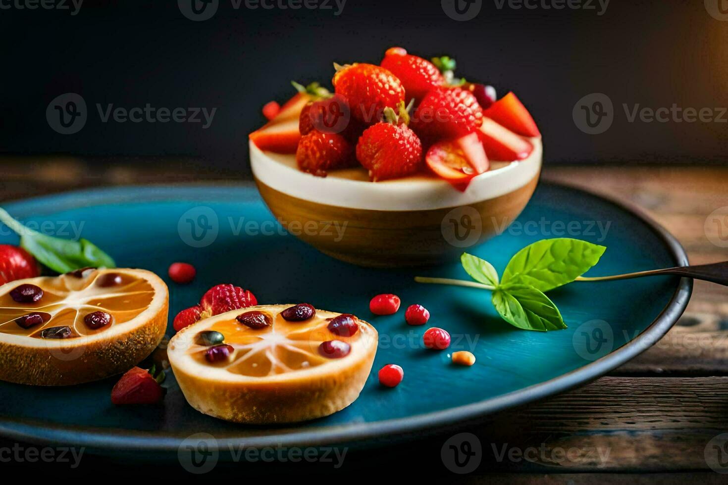 des fraises, Orange tranches et une bol de fruit sur une bleu plaque. généré par ai photo