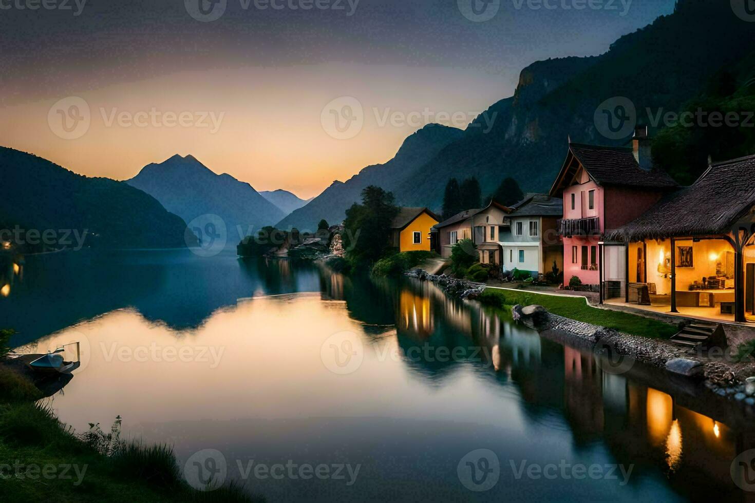 une Lac et Maisons dans le montagnes à le coucher du soleil. généré par ai photo