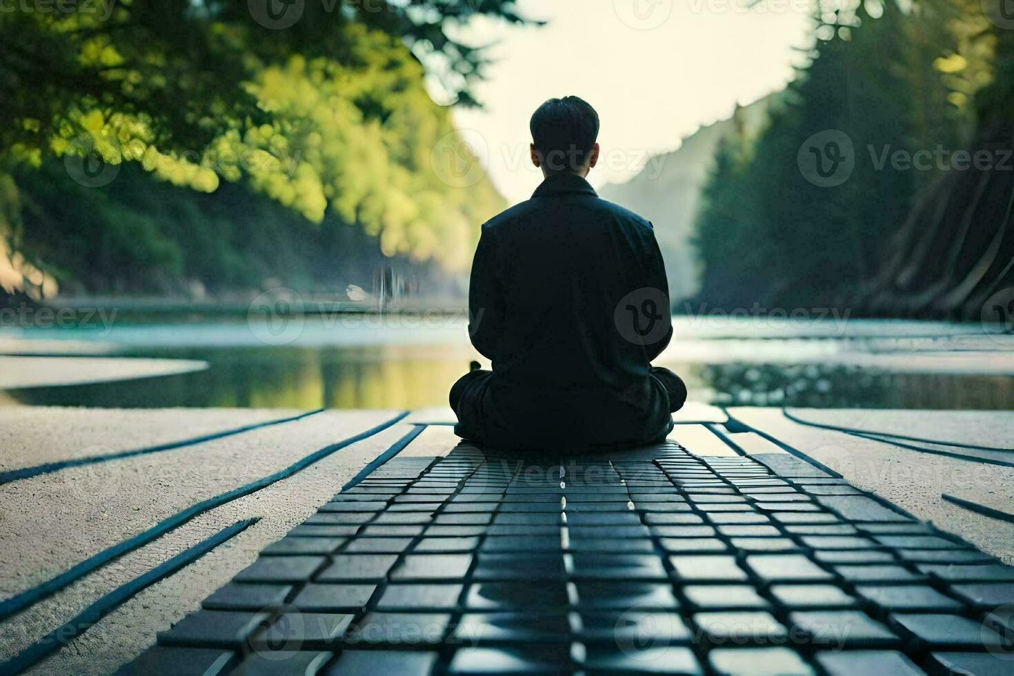une homme méditer sur une pont par une lac. généré par ai photo