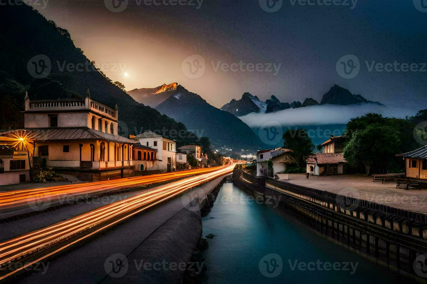 une longue exposition photo de une rivière et montagnes. généré par ai