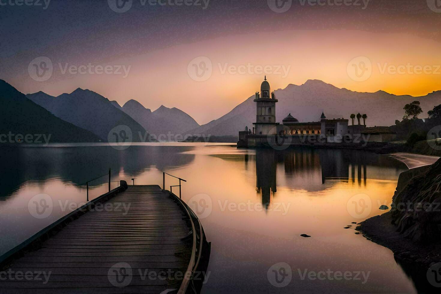 une jetée avec une mosquée dans le Contexte à le coucher du soleil. généré par ai photo