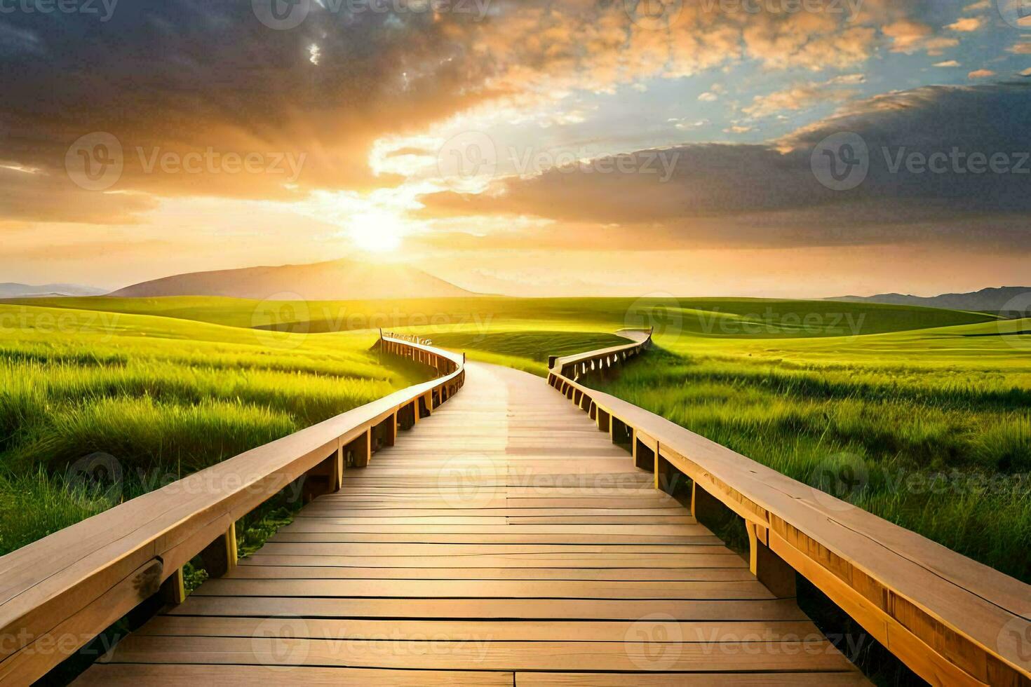 une en bois passerelle pistes à une vert champ à le coucher du soleil. généré par ai photo