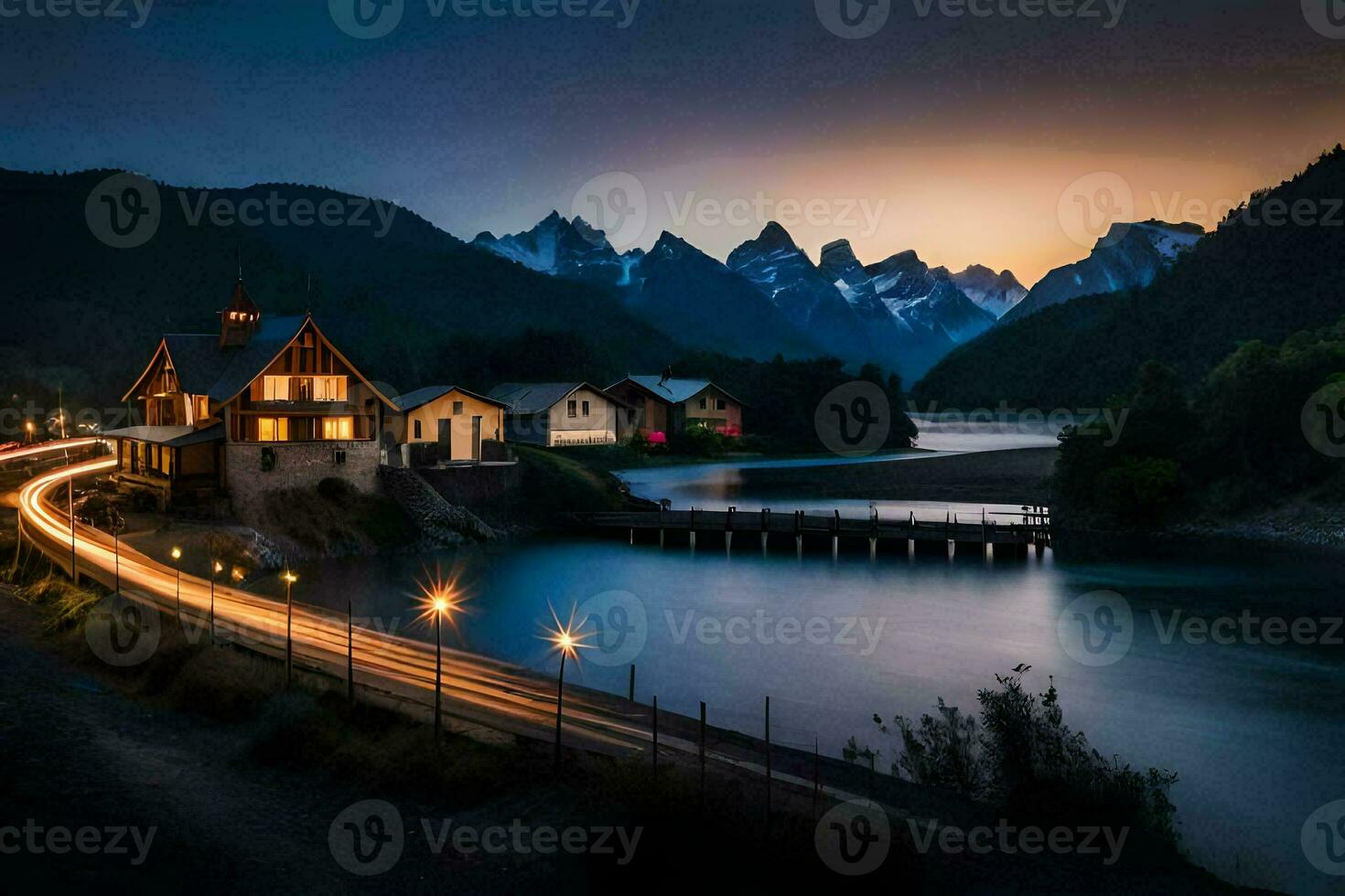 une maison et une rivière à crépuscule. généré par ai photo