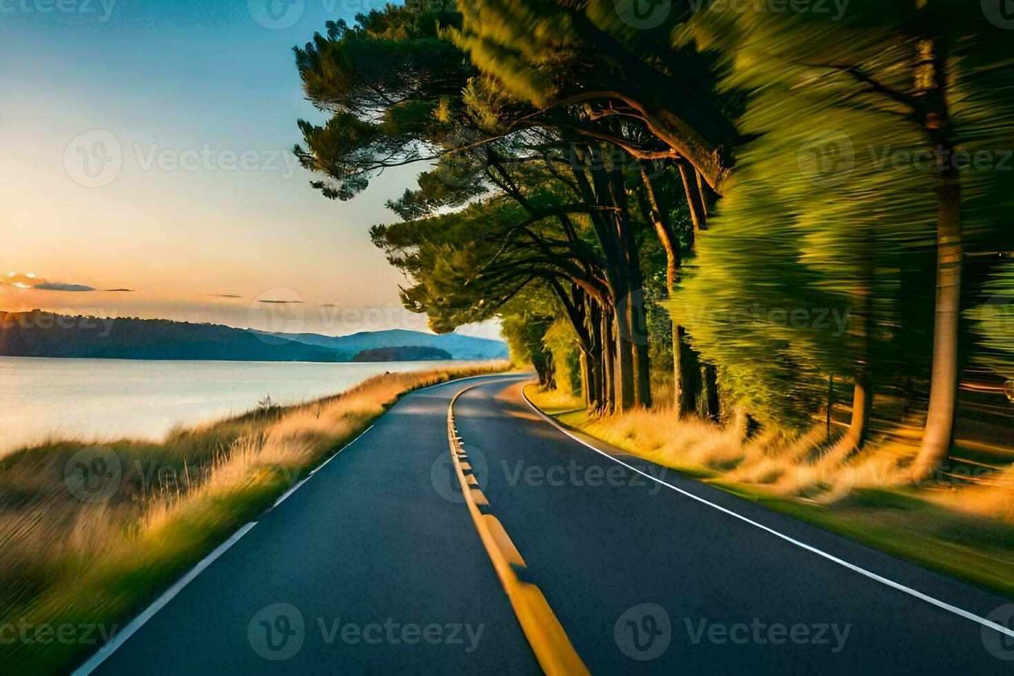 une route avec des arbres et l'eau dans le Contexte. généré par ai photo