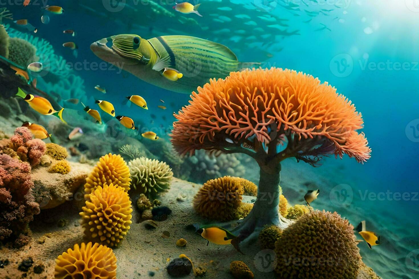 une corail récif avec beaucoup poisson et un Orange arbre. généré par ai photo