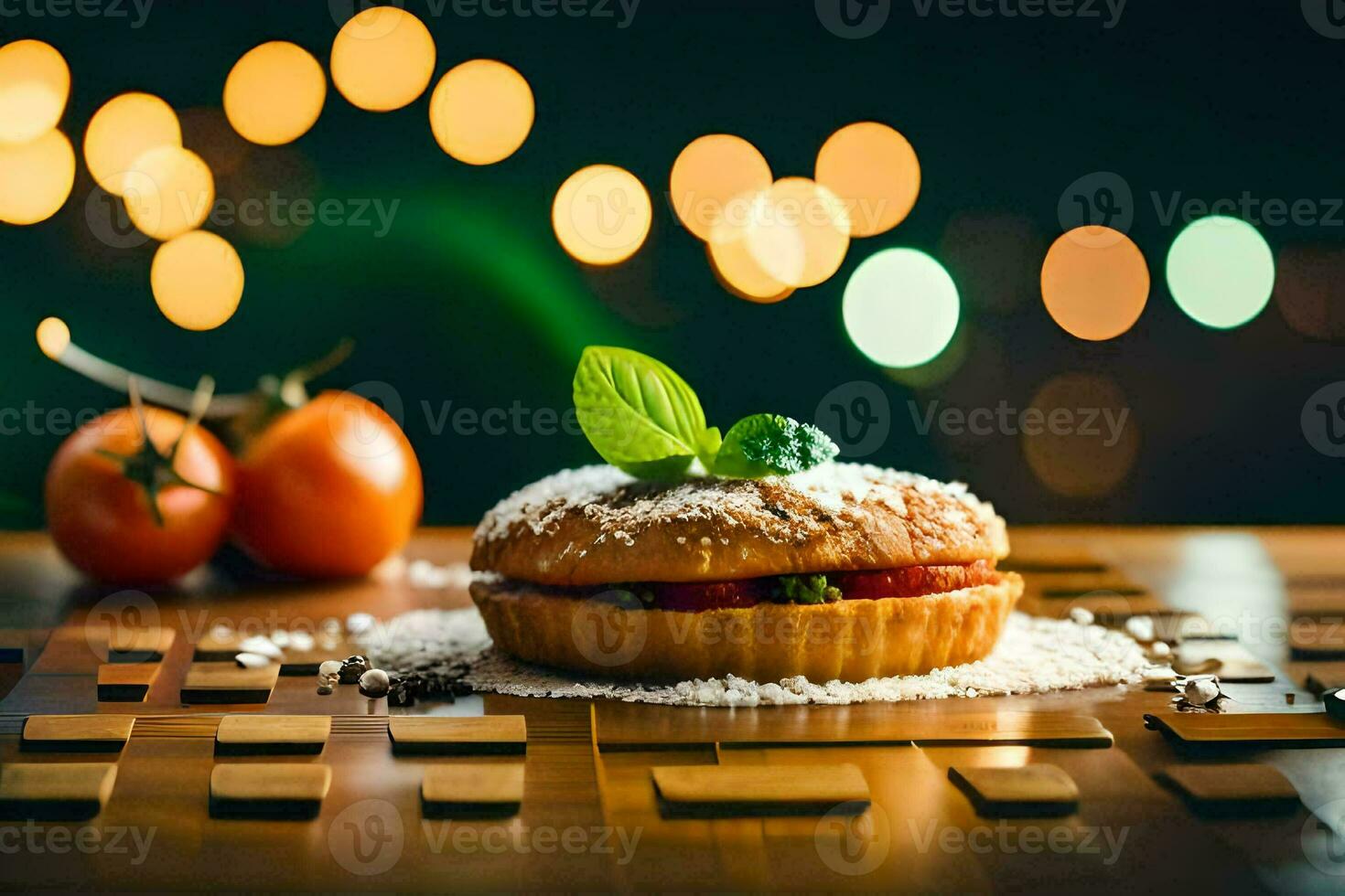 une Pâtisserie avec une tomate et basilic sur Haut. généré par ai photo