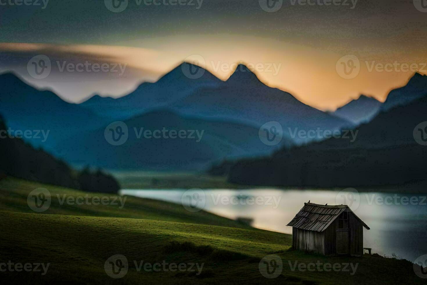 une petit cabine est assis sur le bord de une Lac à le coucher du soleil. généré par ai photo